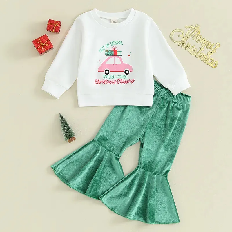 Giyim Setleri Beqeuewll Toddler Kızlar Sonbahar Noel Araba Baskı Uzun Kollu Sweatshirt ve Flare Pantolon Set Sevimli Giysiler 231006