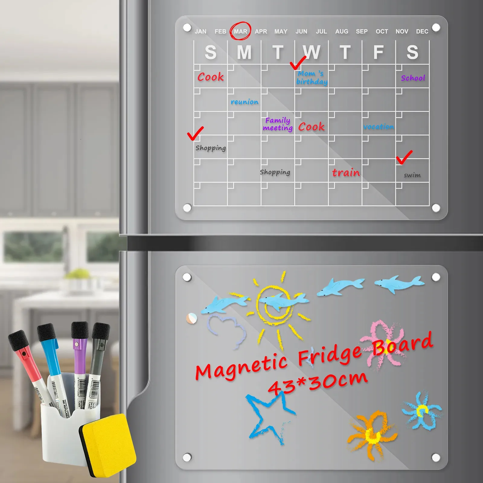 冷蔵庫マグネットアクリル冷蔵庫マグネットマグネティック冷蔵庫カレンダー4マーカー付きペンホルダー再利用可能なクリア冷蔵庫マグネットボードカレンダー231007