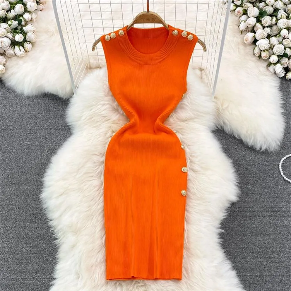 Neue mode frauen o-ansatz ärmellose tasten gepatcht gestrickte bodycon tunika kurzes kleid einfarbig tank dress177s