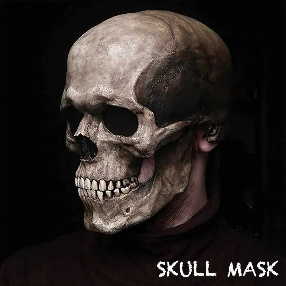 Party Masks Creepy Halloween Full Head Skull Mask med rörlig käke rave vuxen hela huvudet realistiska latexhjälm Cary Skeleton Headbonad Q231009