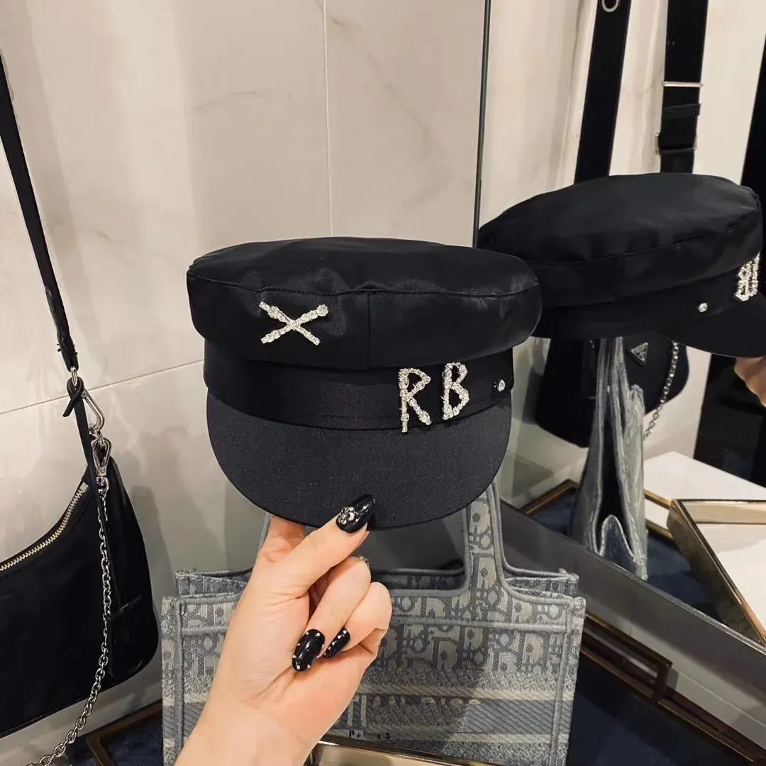 Berets Home>Product Center>Product Center>Red Explosive Rhinestone Letter RB Satin Navy Hat Casual Breathable Pilot 231006