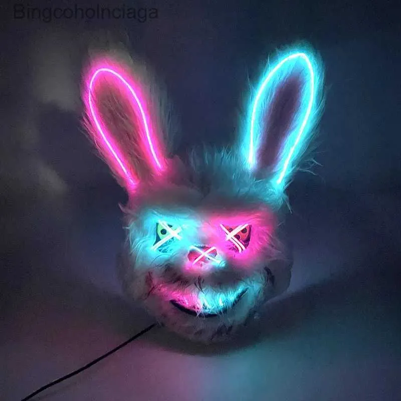 Temadräkt cosplay glödande blodig kanin plysch kaninmask neon ledde huvudbonad halloween skräckbjörn mask dekorativ prestanda propl231008