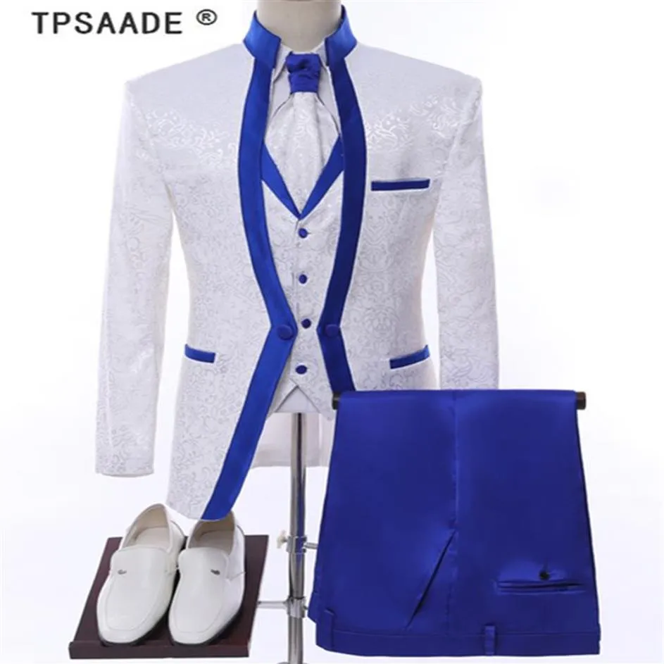 Vêtements de scène pour hommes, blanc, bleu Royal, ensemble de Costume de mariage, Costume de marié, smoking, veste formelle, pantalon, gilet, tie241D