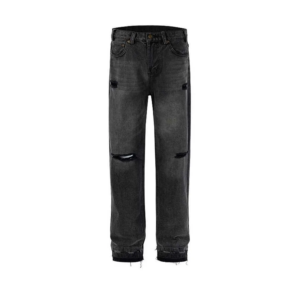 2023 Jeans firmati High Street Tide Jeans di marca Taglio di coltello danneggiato Vecchio lavato Nero Grigio Barile dritto Fondo di pino largo Jeans con barba di gatto