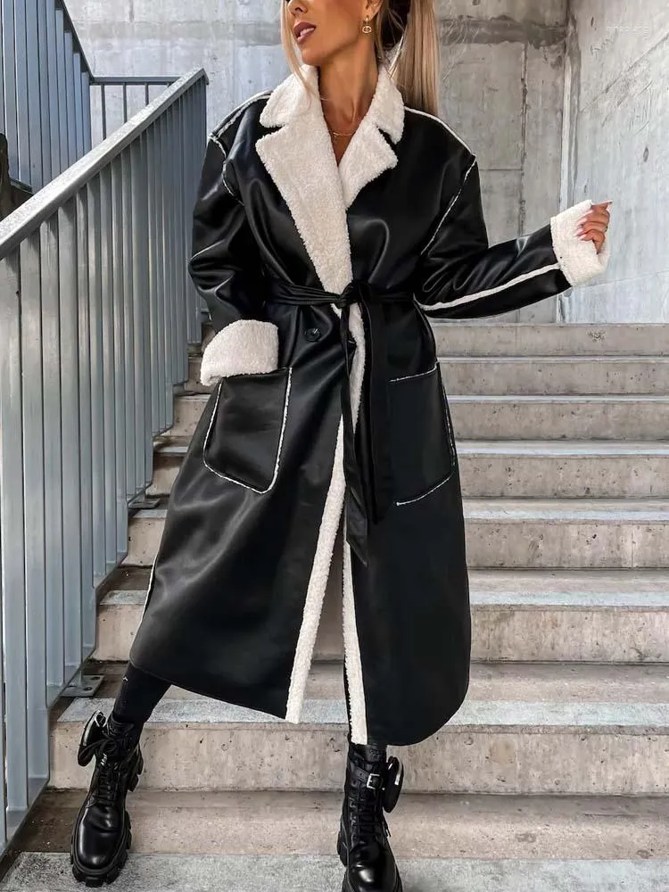 Women's Leather 2023 Winter PU Faux Coat Women Long Jacket Black Thick Warm Coats For