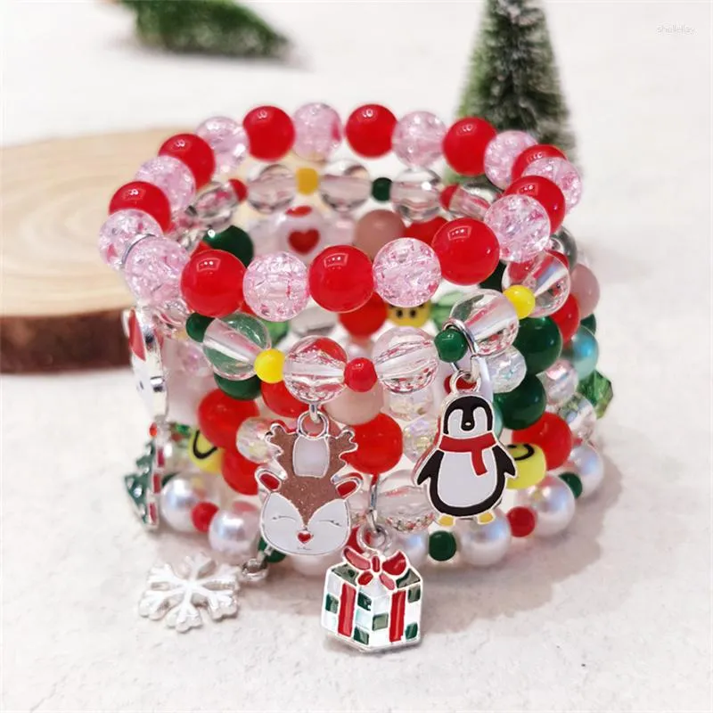 Charm Armbanden Kerst Cartoon Popcorn Kralen Armband Voor Kinderen Vrouwen Leuke Zoete Pinguïn Elanden Hanger Imitatie Kristallen Sieraden
