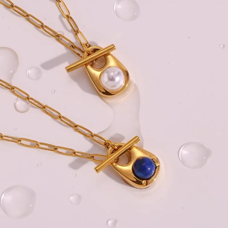 Pendentif Colliers Brillant Dainty Petit Mignon T Lock Waterdrop Design Lapis Perle Pour Femmes Plaqué Or Collier En Acier Inoxydable