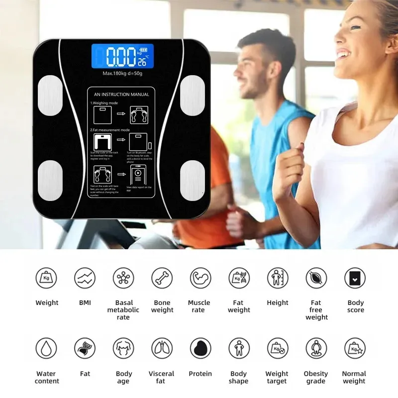 Balance de poids corporel Balance de graisse corporelle intelligente sans fil numérique pour salle de bain Analyseur de composition corporelle avec application pour smartphone Bluetooth Chargement USB 231007