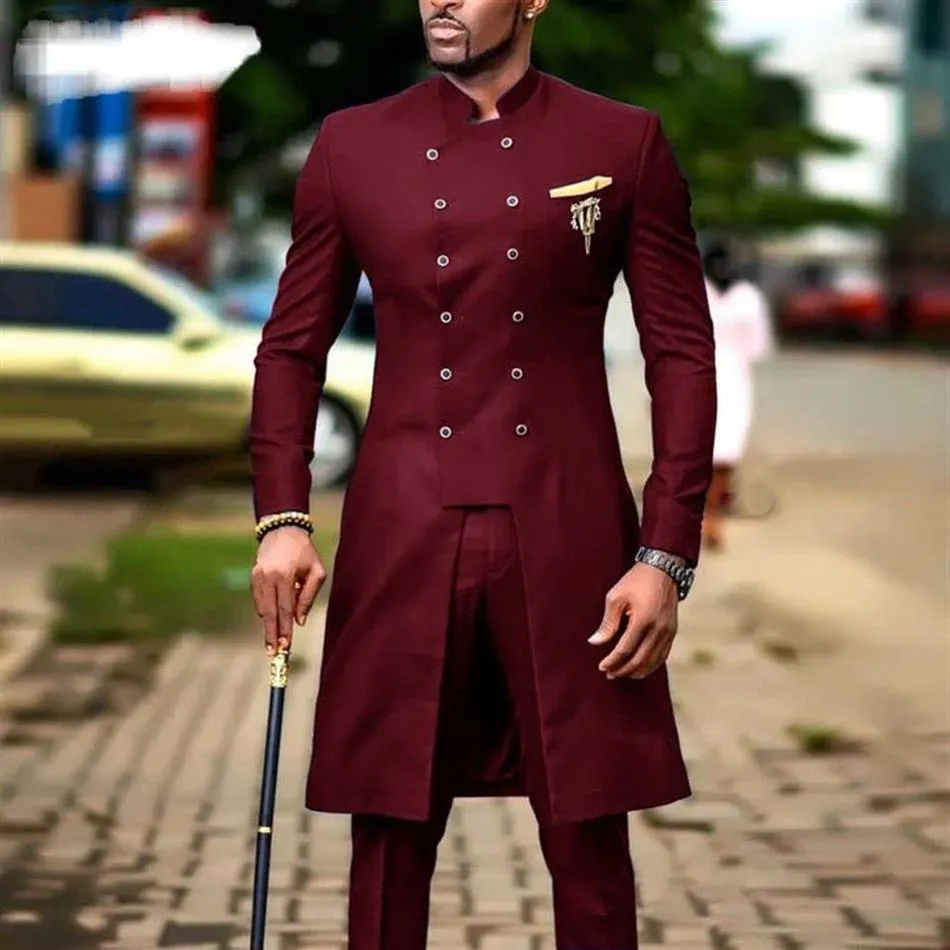 2021 Fashion African Design Slim Fit Men Wedding Groom Tuxedos Burgundy 신랑 정장 Man Prom Party Blazer x090187s