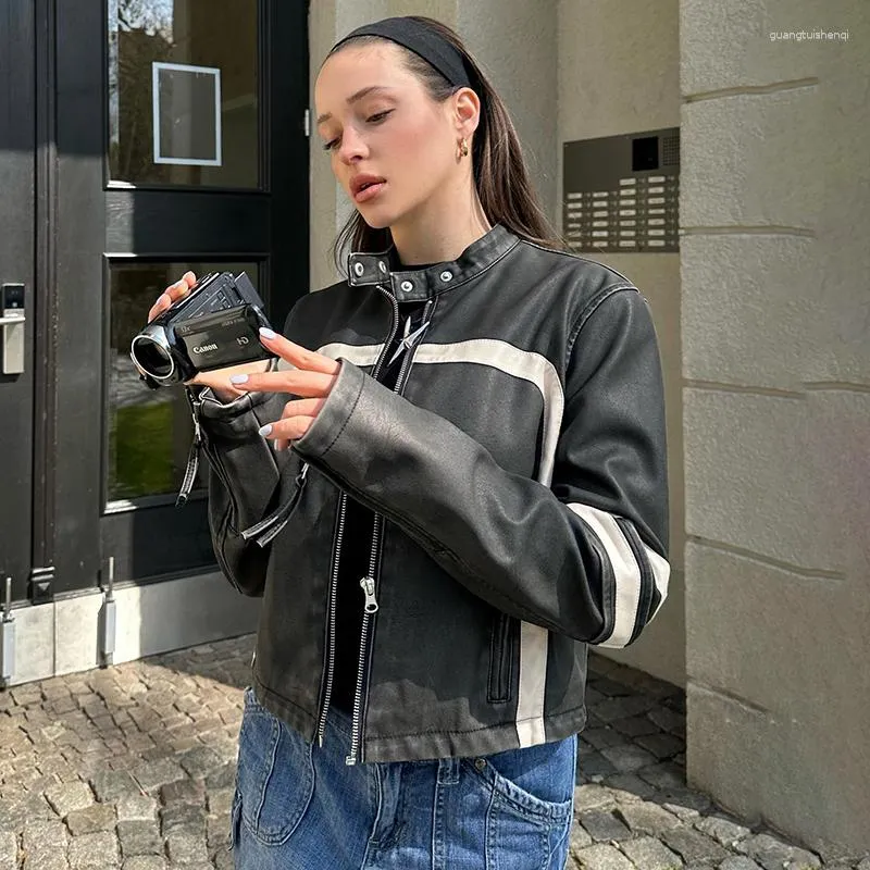 Women's Black Leather Moto Jacket 2024 Vintage Y2K Streetwear Casual Zipper Pu Coat Women's Black Leather Moto Jacket 2024 Vintage Y2K Streetwear Casual Zipper Pu Coat