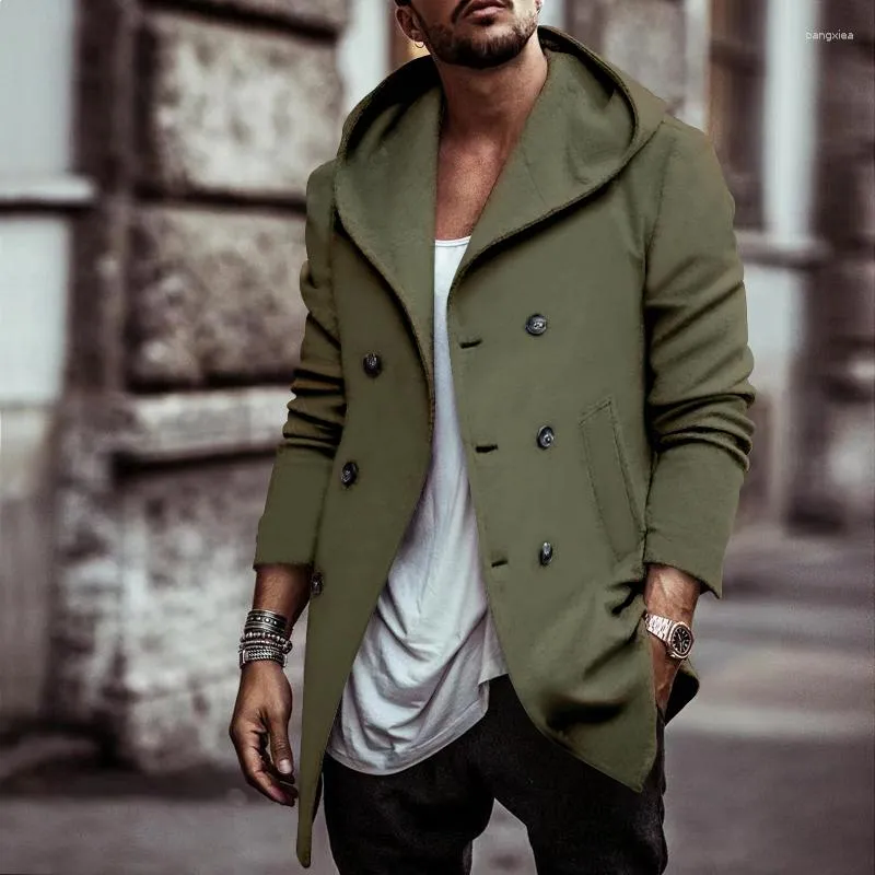 Mens Trench Coat Hoodie Button Jacket: Cotton Casual Slim Fit