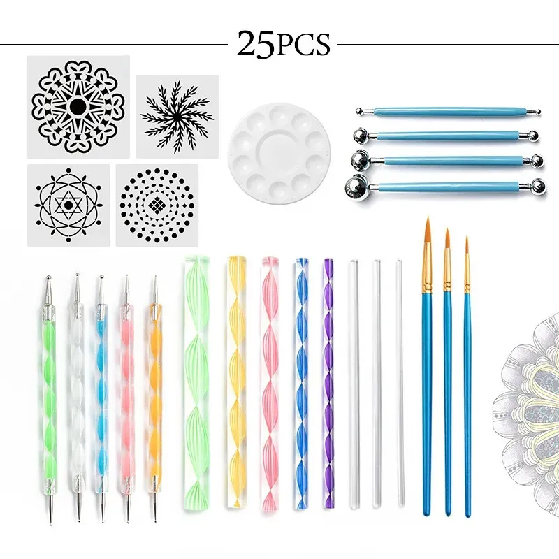 Strumenti di punteggiatura 1 set Set mandala penna stencil sfera stilo vassoio di vernice per dipingere rocce disegno da colorare 231007