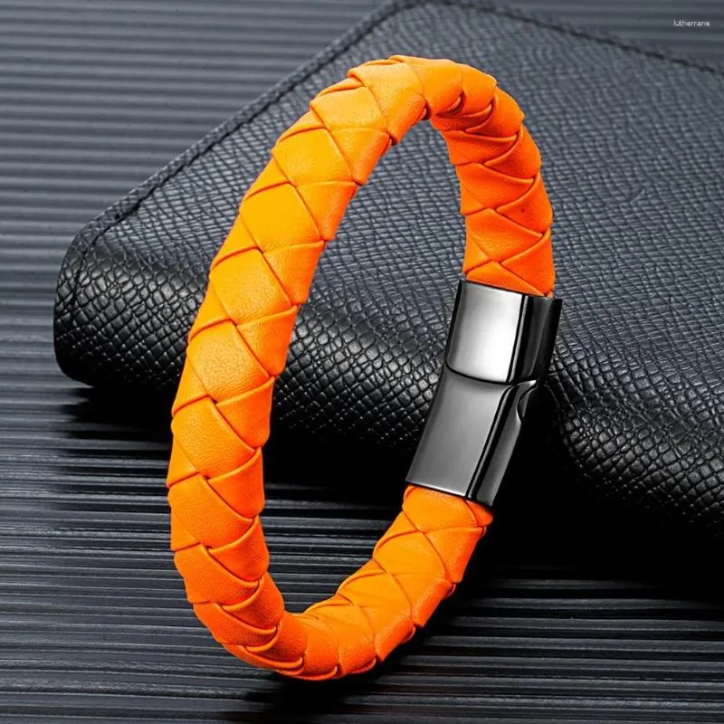 Charm armband mkendn enkel stil män kvinnor flätade äkta orange läder armband svart rostfritt stål magnetiska spänne gåvor homme
