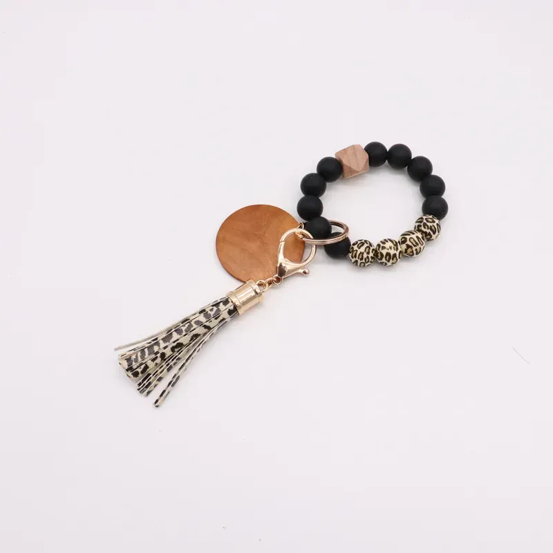 oreign Trade Food Grade Silicone Bead Bracelet Key Chain PU Leather Tassel Pendant Key Ring Wholesale Women&#039;s Multi Color Optional