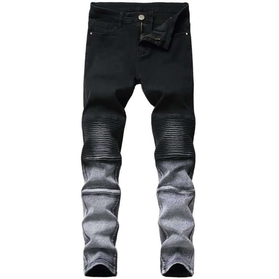Jeans pour hommes hommes stretch mince noir petits pieds tendance marque de haute qualité pantalon de moto plissé244p