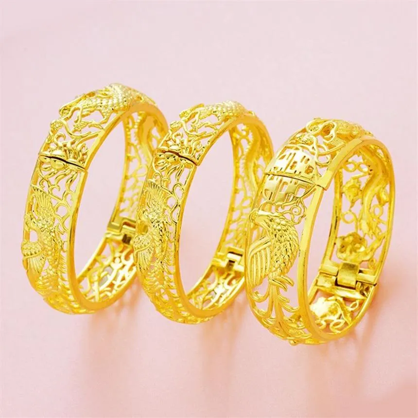 Dragon Phoenix Bangle Bracelet for Women Lady Wedding Party Daily 18K Yellow Gold Filled Dubai Fashion Jewelry Gift 14mm 16mm 20mm228Z