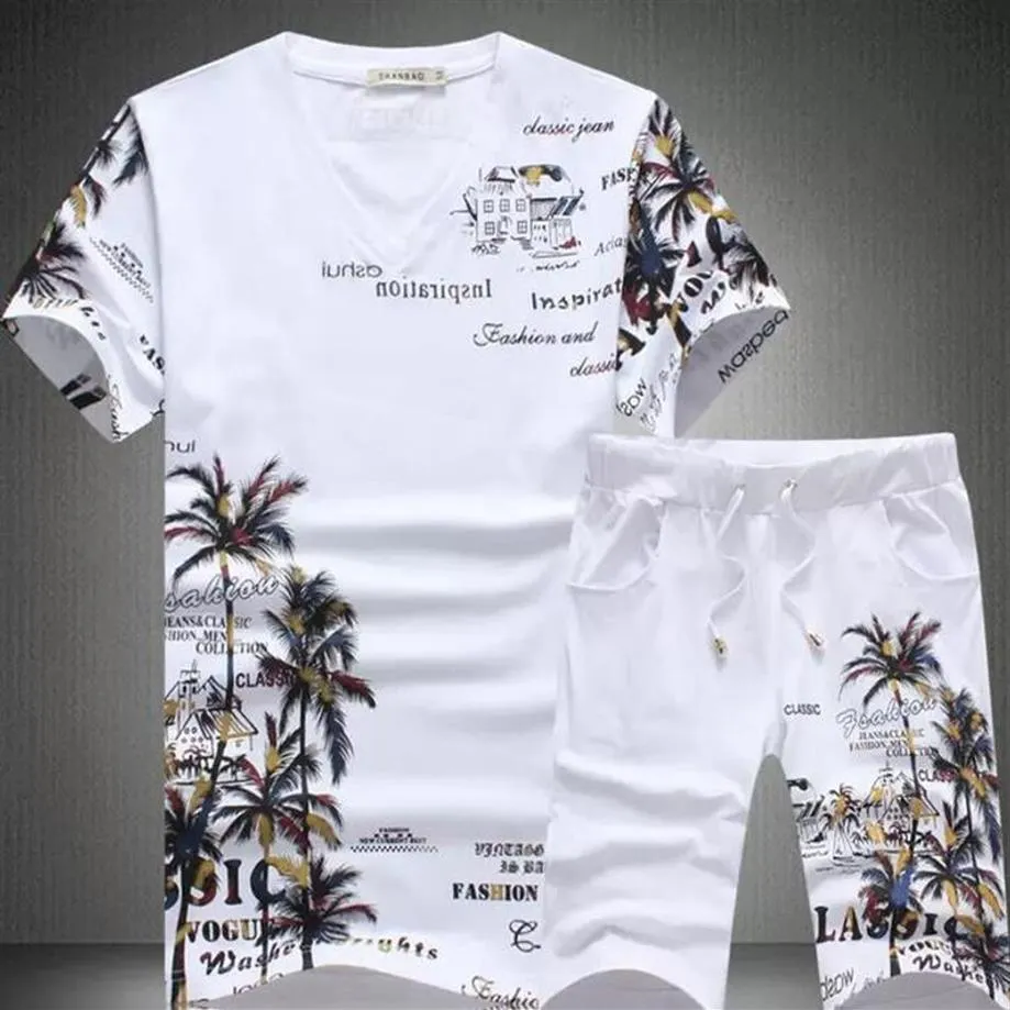 Kinesisk stil utsökta fåglar mönstertryck t-skjorta och shorts passar sommaren ny högkvalitativ bomullsmän korta set238t