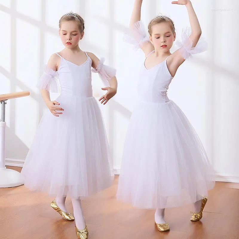 Stage Wear Ballet professionnel Tutu longue robe en tulle filles blanc cygne Performance danse ballerine Costume enfants fronde