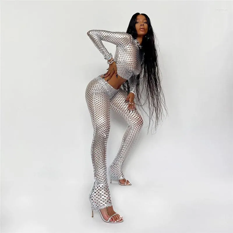 Pantalon de deux pièces pour femmes Silvery Metallic Hollow Out 2 Set Femmes Voir à travers Cover Up Patchwork Manches longues Crop Top Clubwear Outfit