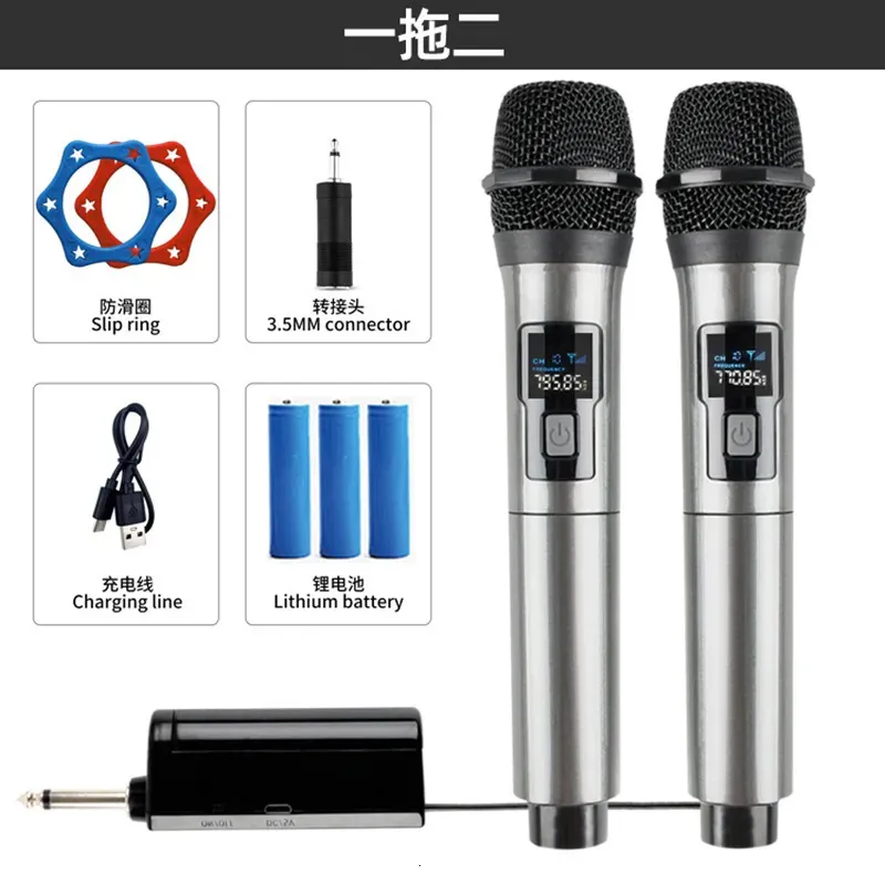 Changeurs de voix Microphone sans fil 2 canaux UHF fréquence fixe micro portable Micphone pour fête karaoké professionnel église spectacle réunion 231007