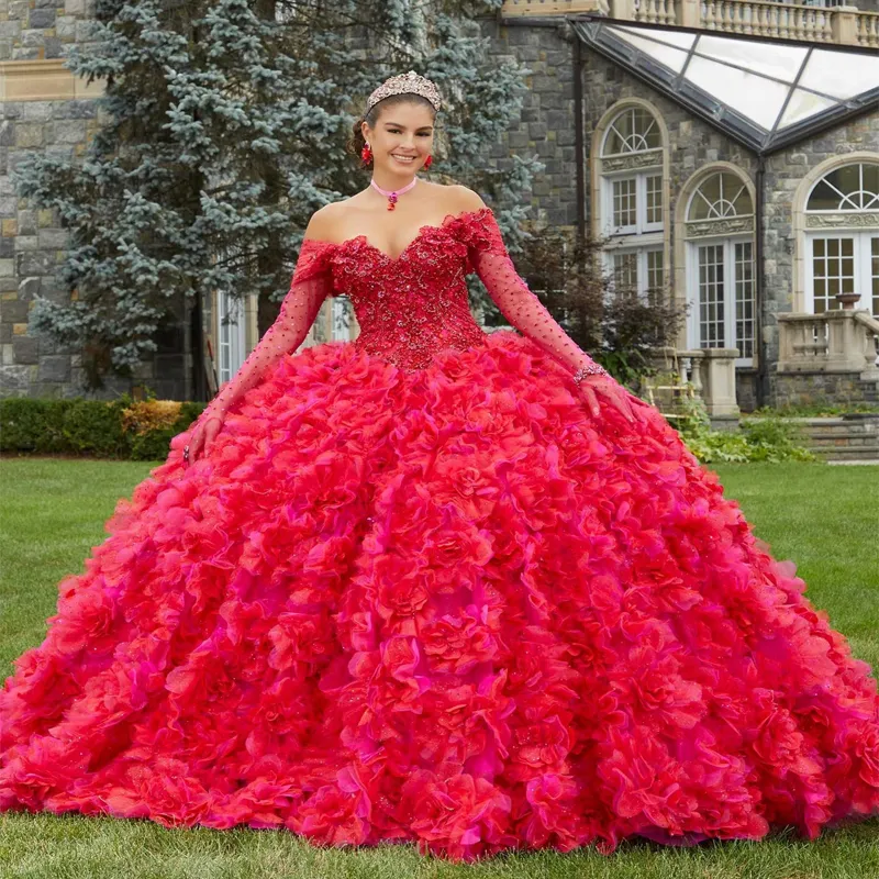 Czerwona błyszcząca sukienka Quinceanera Off rama księżniczka Koraliki z balową suknią balową sodę słodką XV lat miss urodziny