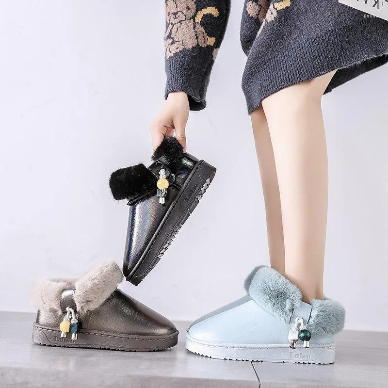 Boots Fashion The Women Slip-On Snow Round Toe Flat With Winter Ankle Solid Plush String Bead High Quality Thicken PU