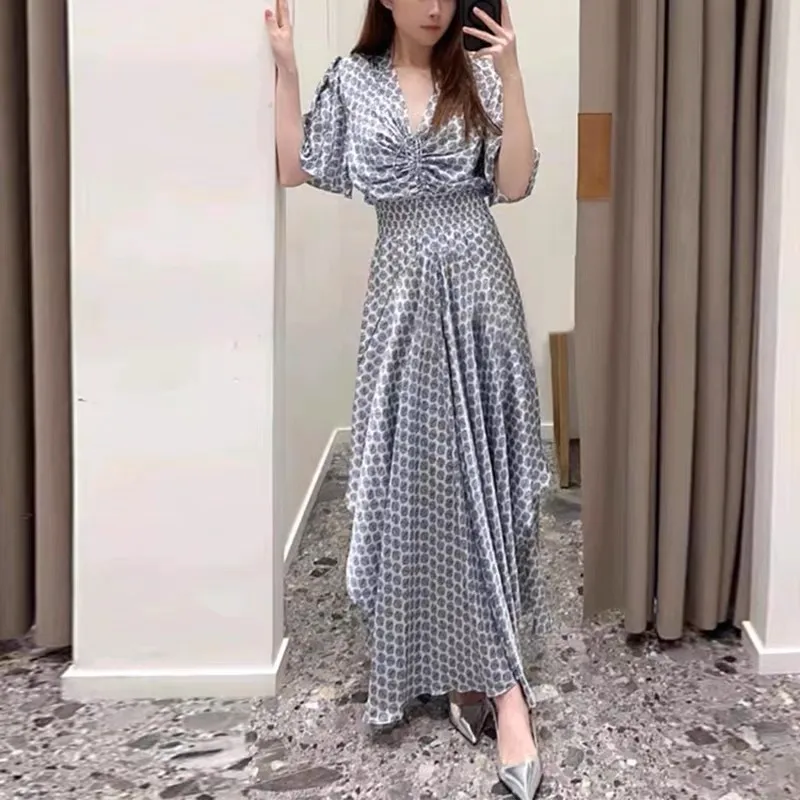 Maje's New Style Temperament Printing Irregular Hemline Pleated V-Neck Dress Long Dress