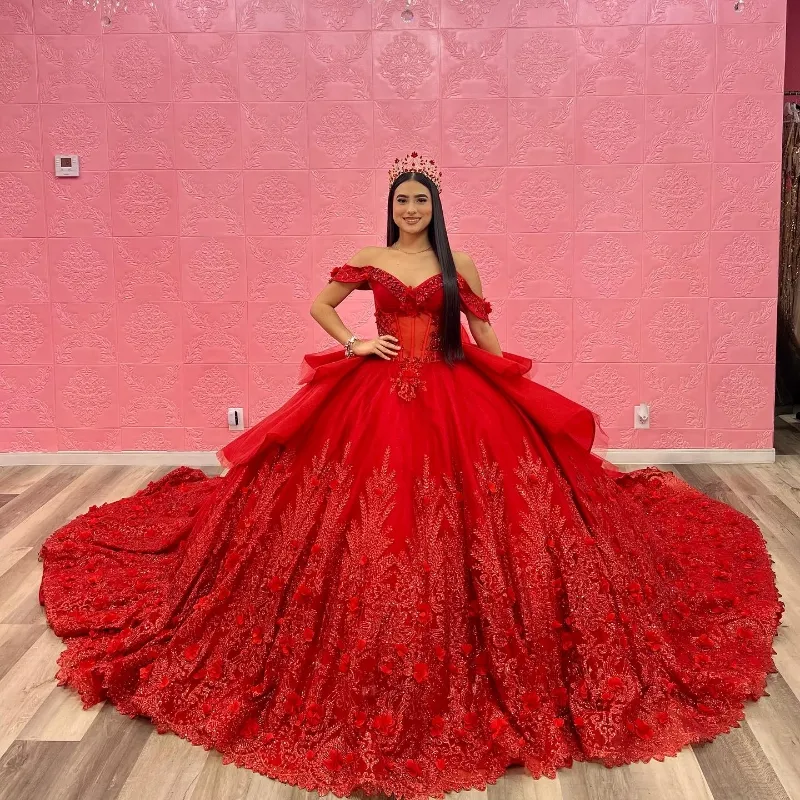 Rote glitzernde Pailletten-Spitze-Quinceanera-Kleider, rot, schulterfrei, Applikationen, Perlen, Rüschen, Kathedralenschleppe, Kristall, Ballkleid, 15