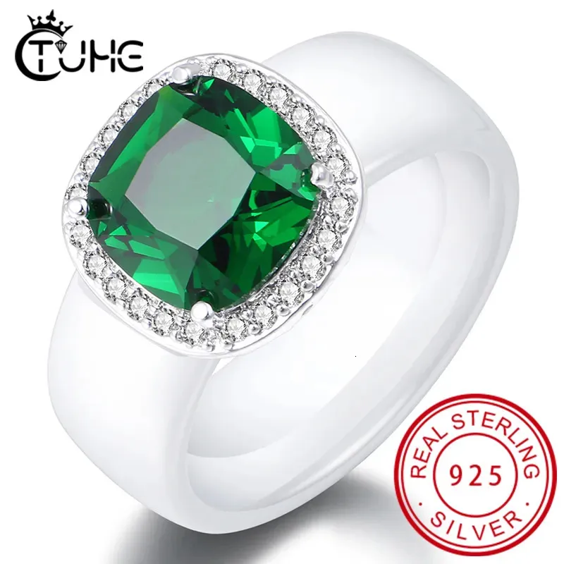 Solitaire Ring S925 Large Green Stone For Women Wedding Gift Luxury Jewelry 8mm Width Ceramic Rings Cubic Zirconia Bague Femme 231007