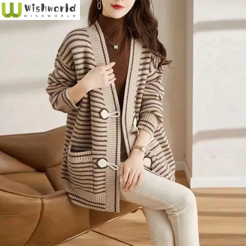 Женские свитера весенне-осеннего корейского издания, кардиган, универсальная вязка в полоску, супер красивое пальто, модный топ высокого качества 231007