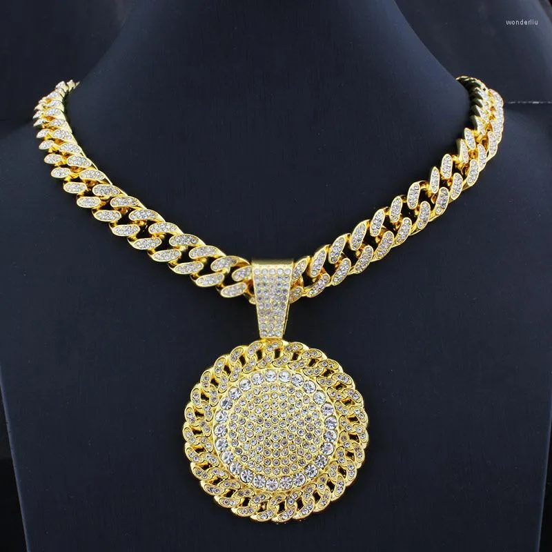 Pendentif Colliers Alliage Épais Collier Rond Strass Zircon Cristal Boucle Cubaine Chaîne Punk Exagéré Rap Hip Hop Mode