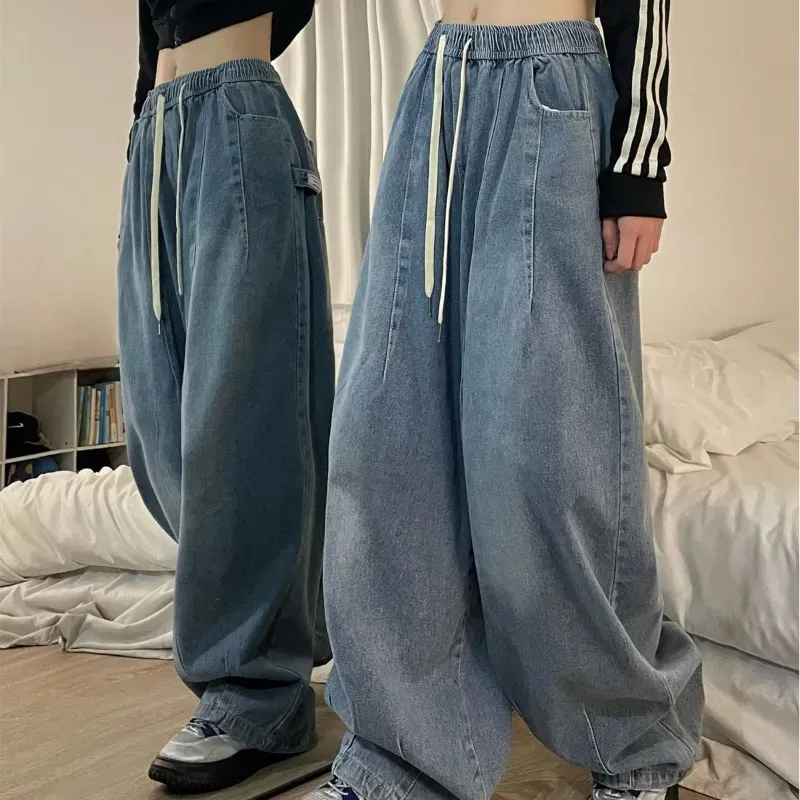 Kvinnor jeans vårkvinnor vintage baggy elastisk midja överdimensionerad amerikansk byxa denim breda ben streetwear raka grundbyxor y2k 231007