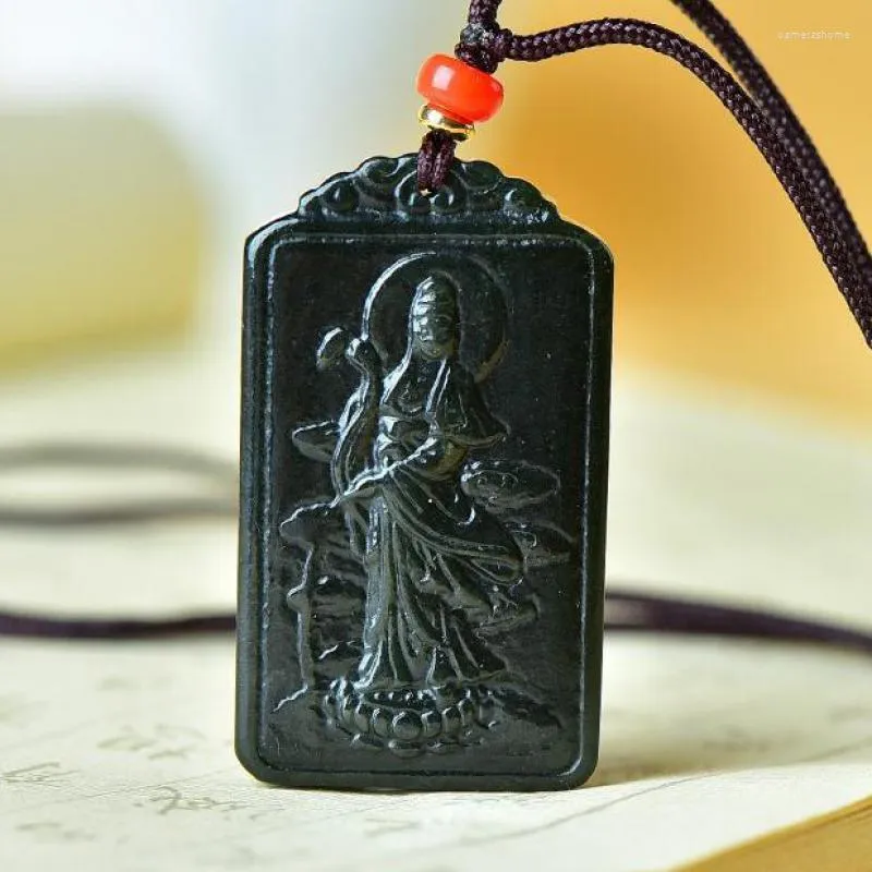 Pendentif Colliers Envoyer un certificat Vert Jade Guanyin Collier Hommes Femmes Lucky Amulette Sculpté à la main Guan Yin Feng Shui Charms Bijoux Cadeau