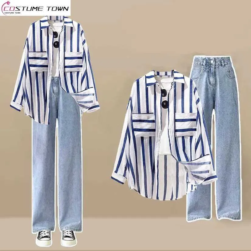Женские брюки из двух предметов, летняя полосатая лоскутная шифоновая рубашка, широкие джинсы, элегантный комплект из двух предметов, повседневная одежда, спортивные костюмы