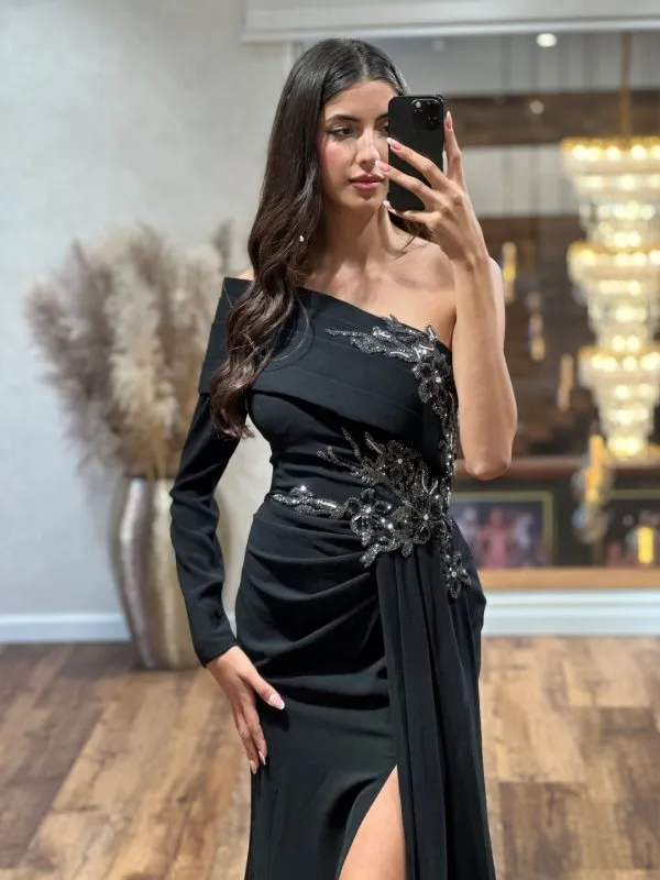 Stunning Black Floral Beaded One Shoulder Evening Dress With One Shoulder And Long Sleeves For Special Occasions From Babynice666 144.27 DHgate.Com