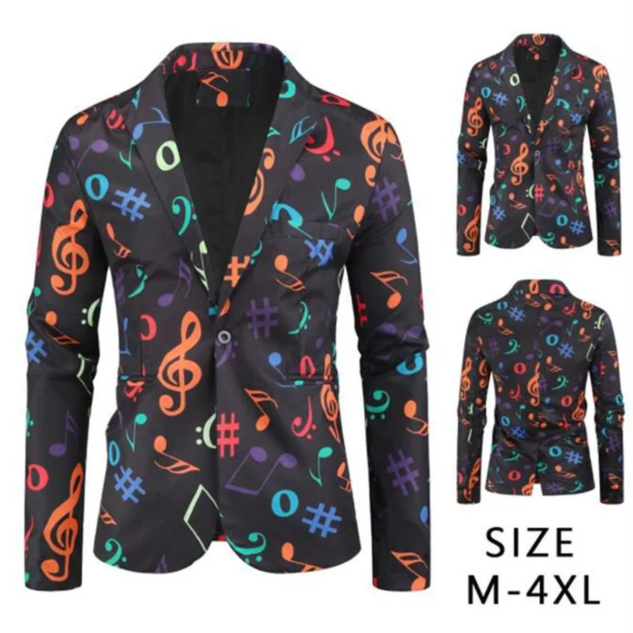 Todo el otoño Hombres Blazer Casual 3D Nota musical Imprimir Pintura Blazer Moda Un solo botón Slim Fit Traje Coat254f