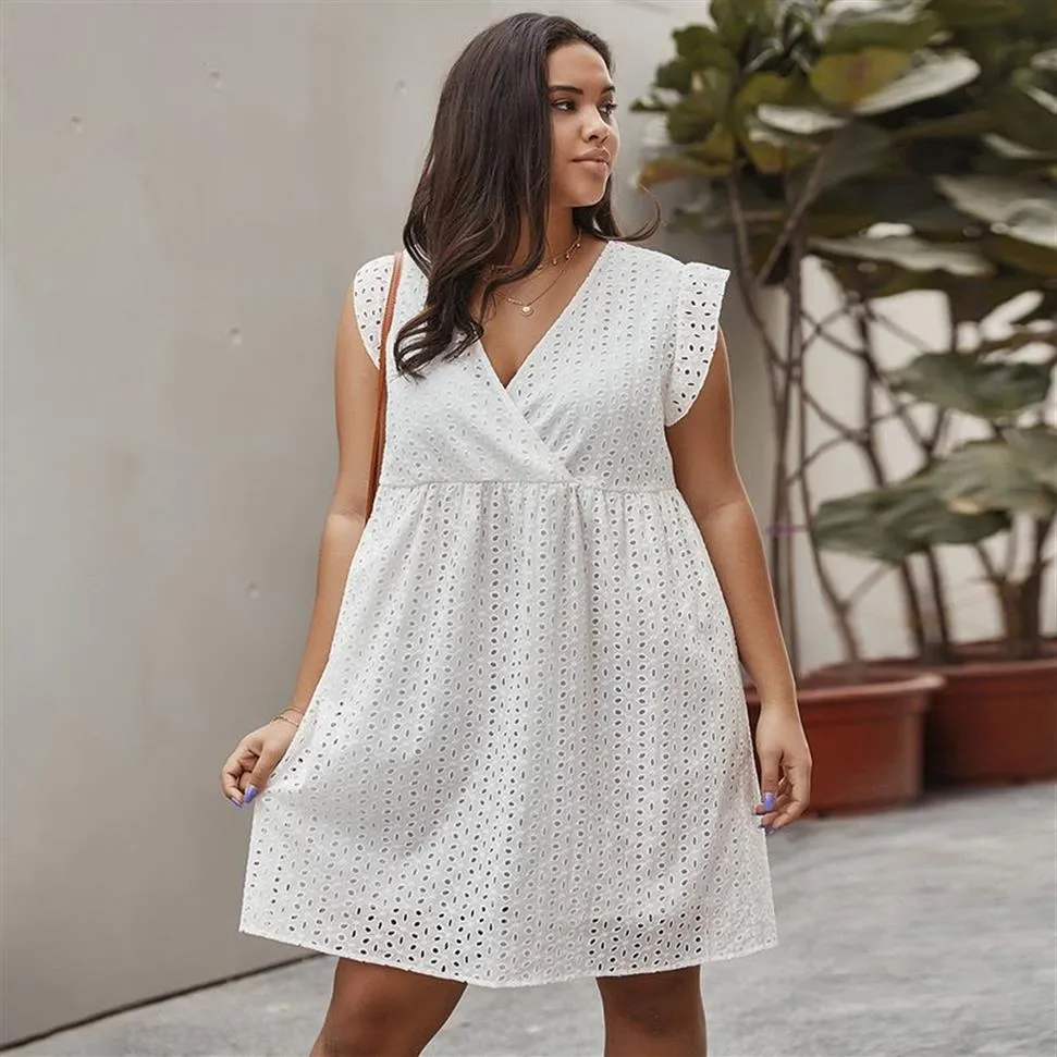 Robe blanche d'été sexy pour femmes, col en V, sans manches, ajourée, tenue décontractée, taille haute, ample, tunique pour dames, Mini, 199l