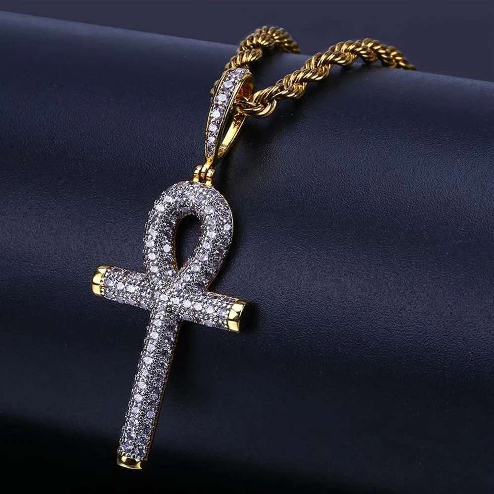 Hip Hop Egyptian Ankh Key Cross Cross Naszyjnik Losowany Złoty Srebrny kolor Plane mikro utwardzony wiszek cyrkon Naszyjnik188a