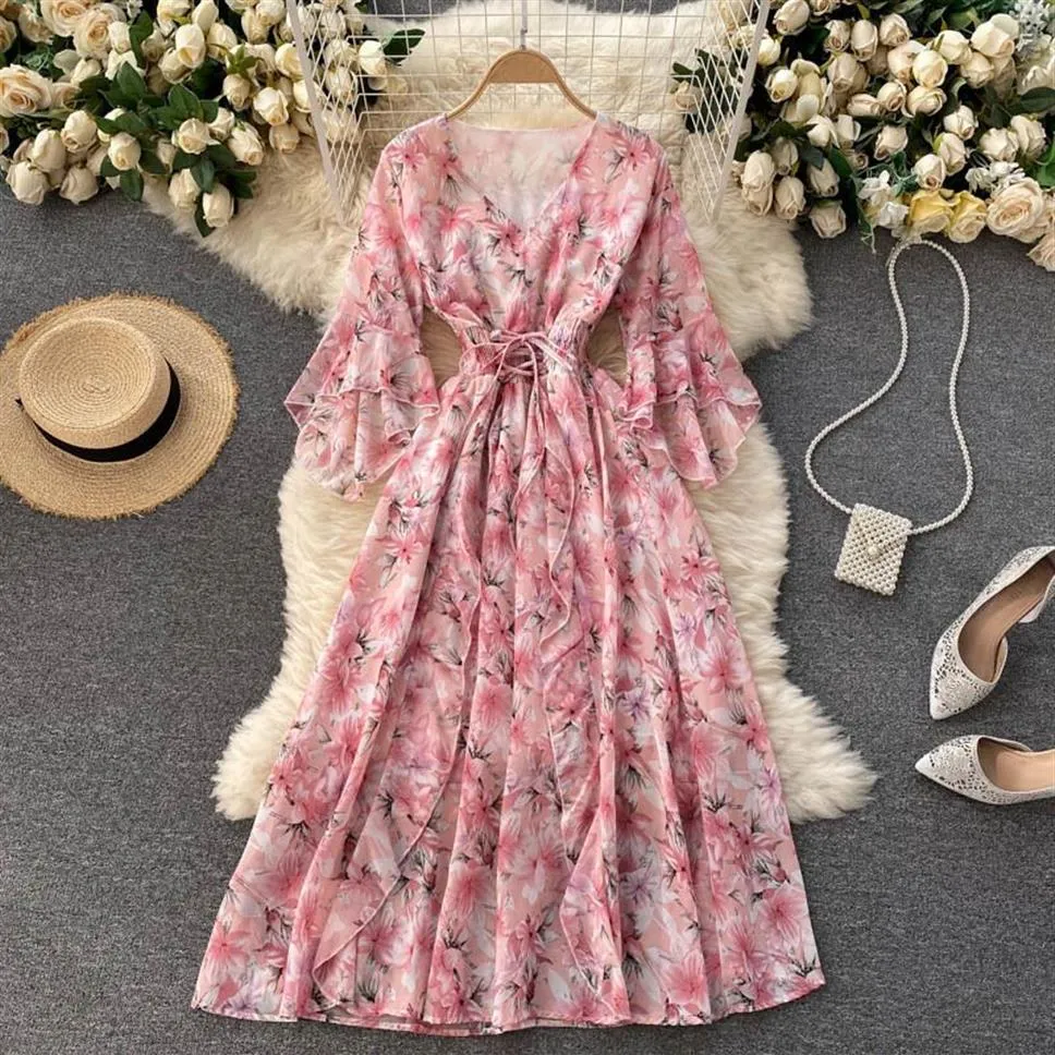 SINGREINY Frauen Böhmisches Blumenkleid Design Unregelmäßige Langarm V-ausschnitt A-linie Kleider Sommer Koreanischen Chiffon-Druck Strandkleid 2295w