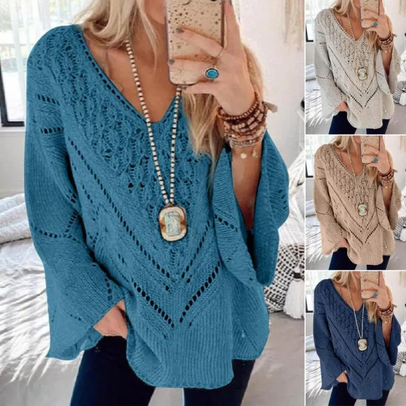 Women's Sweaters V-Neck Flare Long Sleeve Solid Color Women Sweater Autumn Hollow Out Loose Knitwear Jumper Lady Fashion Knitted Pullover
