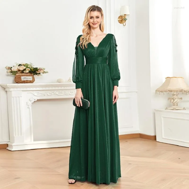 فساتين الحفلات Xuibol Green Evening Dress Elegant Long Sleeve Lace الرسمية الموضة المثيرة Split V-Neck 2023 Women Wedding Prom Down