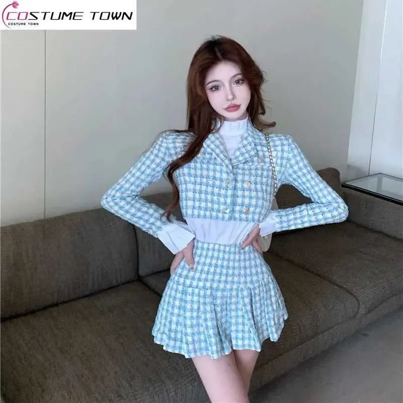 Two Piece Dress Korean Style Retro Plaid Patchwork Shorts Slimming Jacket Blazer Mini Pleated Skirt Twopiece Elegant Women's Set Outfits