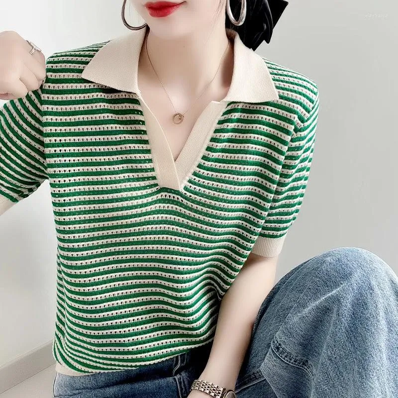 レディースセーター2023サマーファッションY2K Tシャツ女性エレガントレディースポロティーシャツファムセクシーol服の女性半袖VネックTシャツ