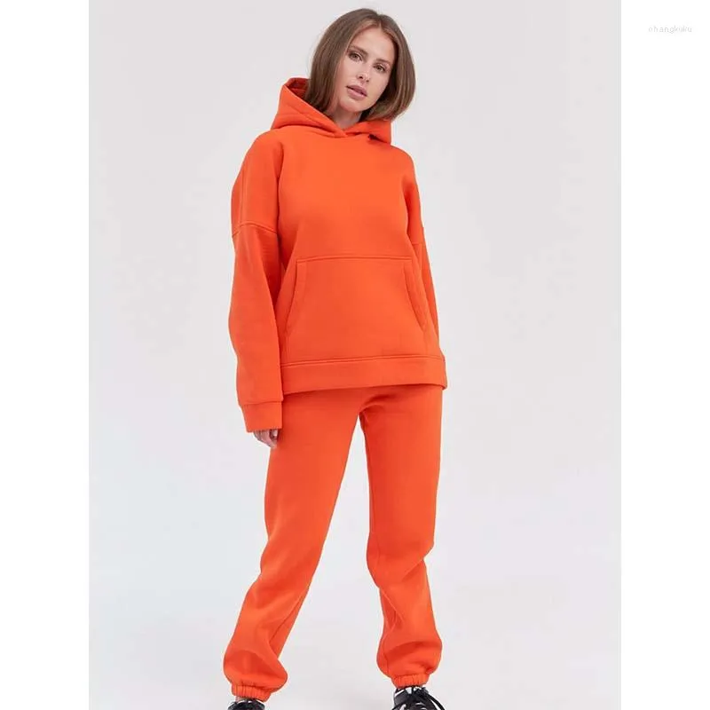 Calças femininas de duas peças 2 conjunto mulheres meninas sweatsuit conjuntos laranja hoodies terno simples treino casual solto algodão sweatsuits para