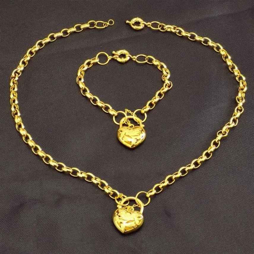 Collier et Bracelet avec pendentif en forme de cœur, plaqué sous vide, en or jaune, pour femmes, 327H