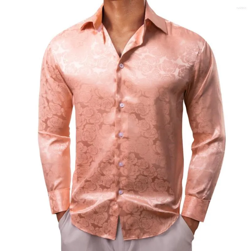 Men's Casual Shirts Luxury For Men Silk Satin Coral Pink Flower Long Sleeve Slim Fit Male Blouses Trun Down Collar Tops Breathable Clothing