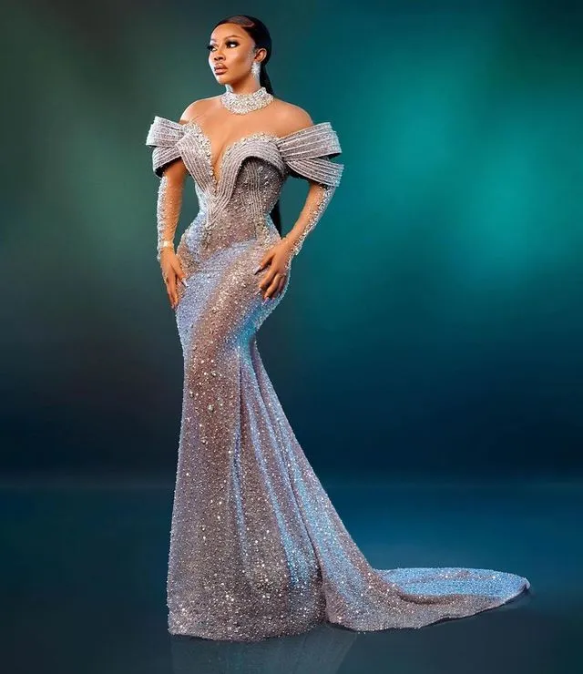 2023 Oct Aso Ebi Arabic Silver Mermaid Prom Dress Beaded Crystals Evening Formal Party Second Reception Birthday Engagement Gowns Dresses Robe De Soiree ZJ314