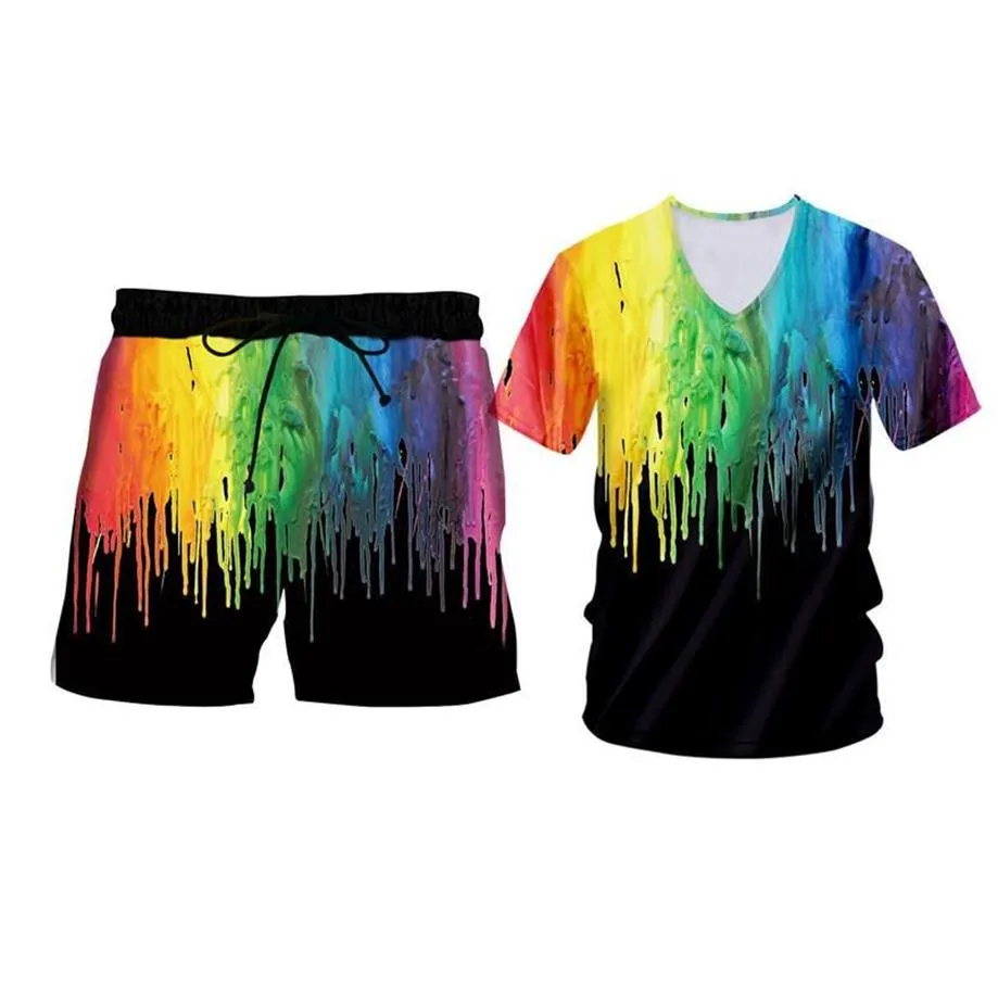 Survêtements pour hommes Hommes T-shirt d'été Shorts Set Black Rainbow Paint Sweat à capuche à manches courtes Gym Débardeurs sans manches Gilet Bouton 318i