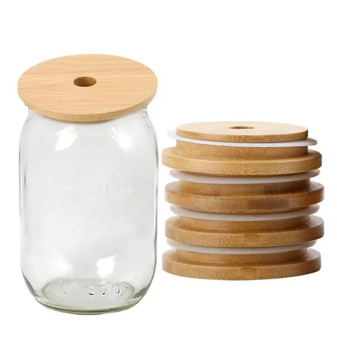 70mm 88mm Bamboo Cup Lids Reusable Wooden Mason Jar Lid with Straw Hole and Silicone Seal Bowl Cover