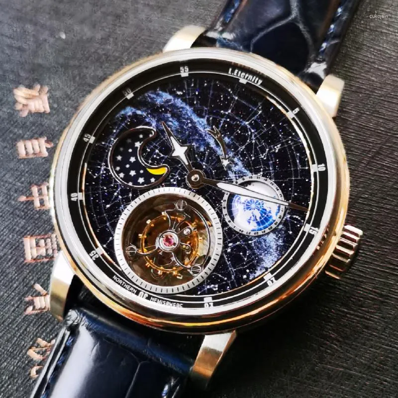 Relógios de pulso top luxo céu estrelado automático tourbillon relógios mecânicos à prova d 'água fase da lua super luminosa safira masculina